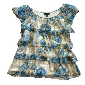 AB Studio Ladies Shirt, lace ruffles, blue/grey, size L